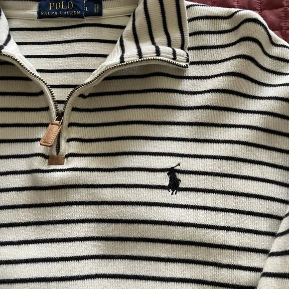 Polo by Ralph Lauren Men's Zip-Up Sweater - Cream and Black Stripes - Picture 4 of 7